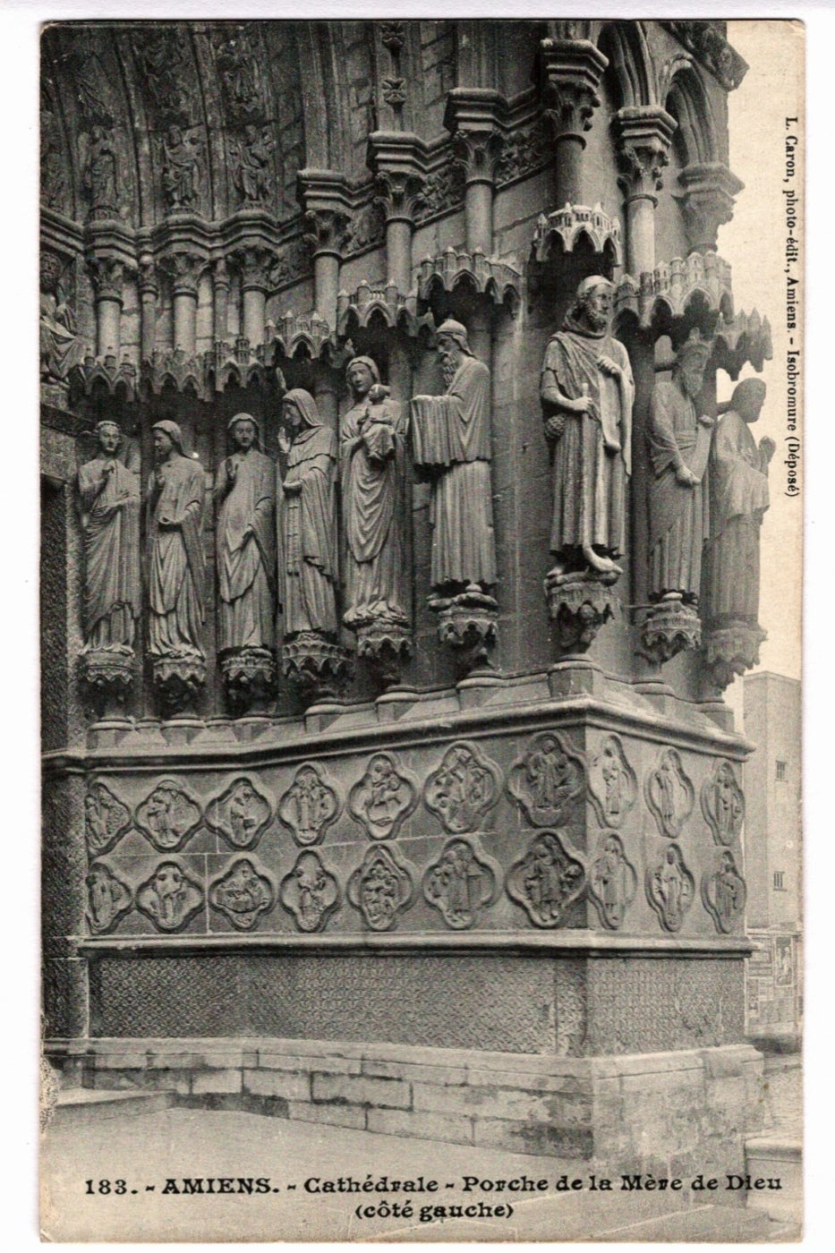 1904 Amiens Cathedral Porche de la Mère de Dieu Vintage Postcard, Left Side.