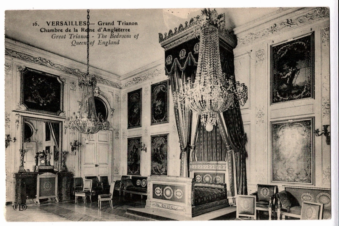 Vintage postcard of a grand interior room with ornate decorations and a chandelier. 1904 Versailles France Queen Victoria Bedroom Vintage Postcard.