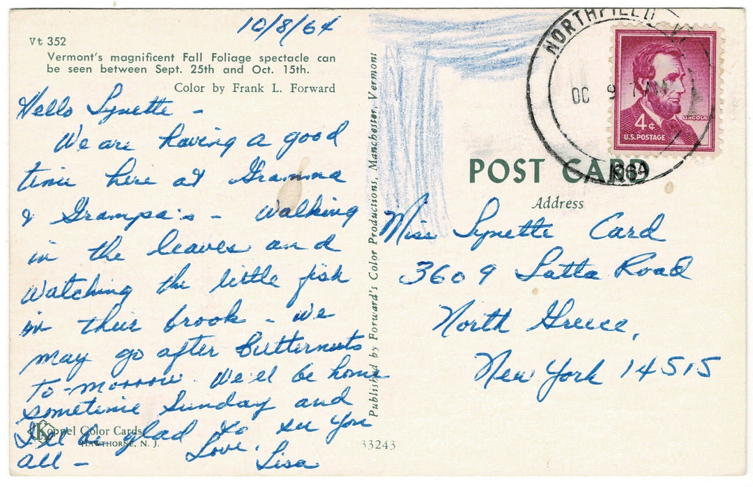 1960s Fall Foliage in Manchester Vermont Vintage Postcard, back.