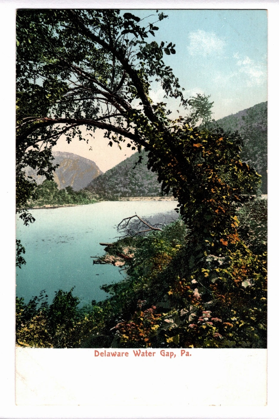 Vintage postcard of Delaware Water Gap, PA with a lake and mountains in the background.