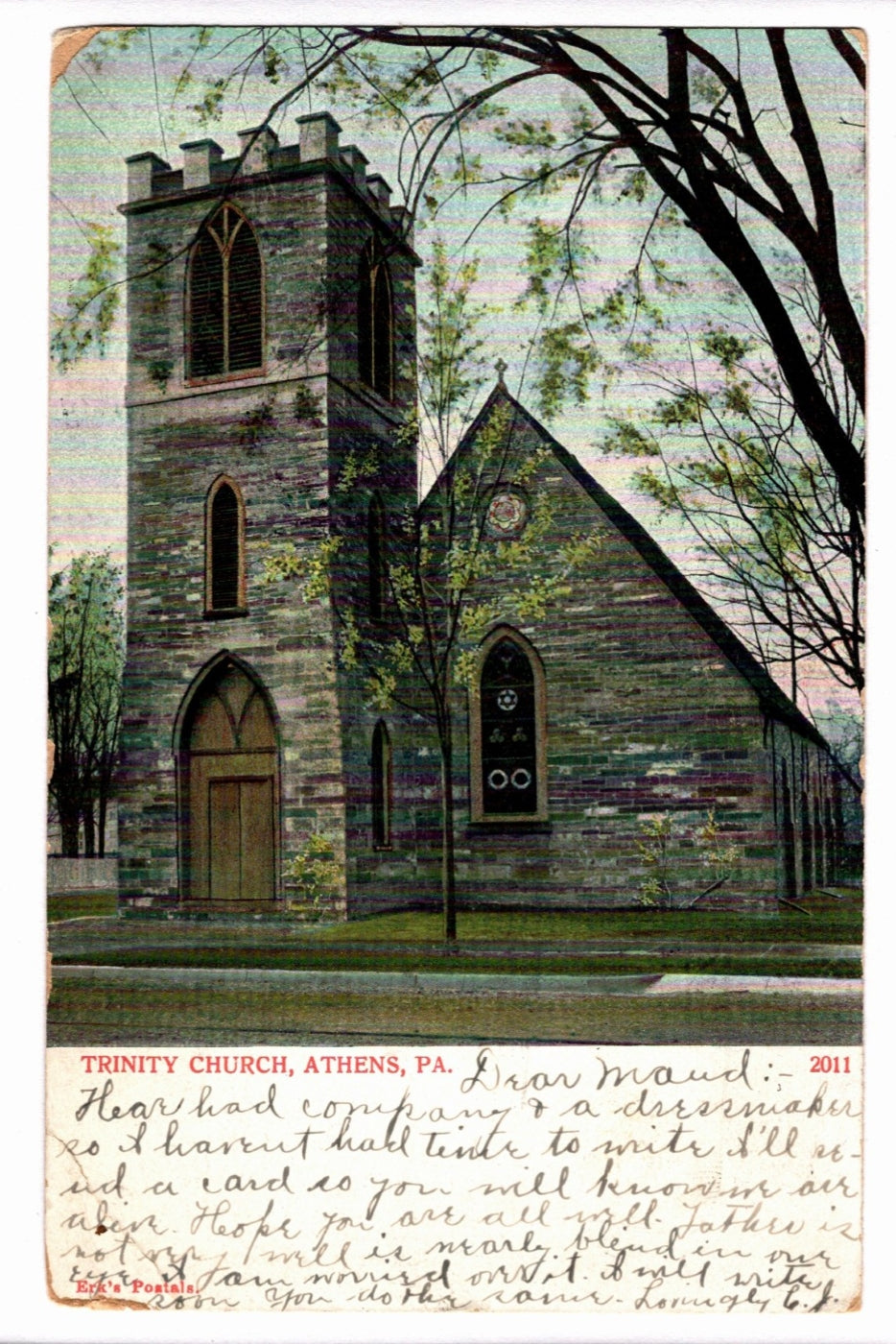 1905 Trinity Church Athens Pennsylvania Vintage Postcard, UDB.