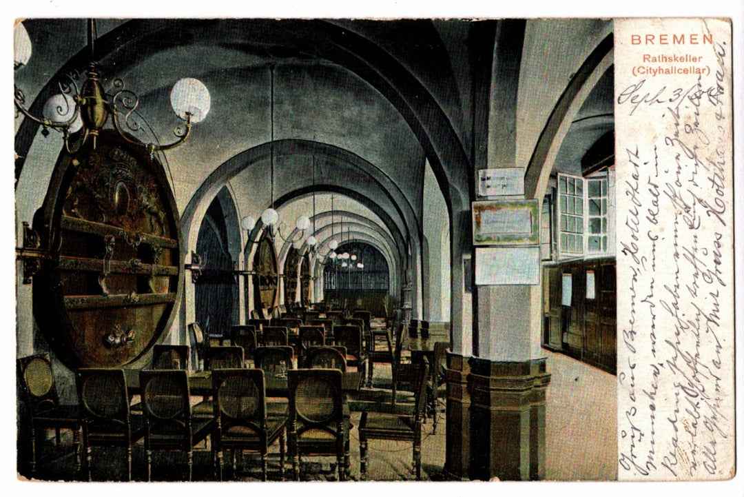 Vintage postcard of a large room with arches, tables, and chairs, featuring a large wooden keg on the left. 1904 Bremen City Hall Cellar Germany Vintage Postcard, UDB.