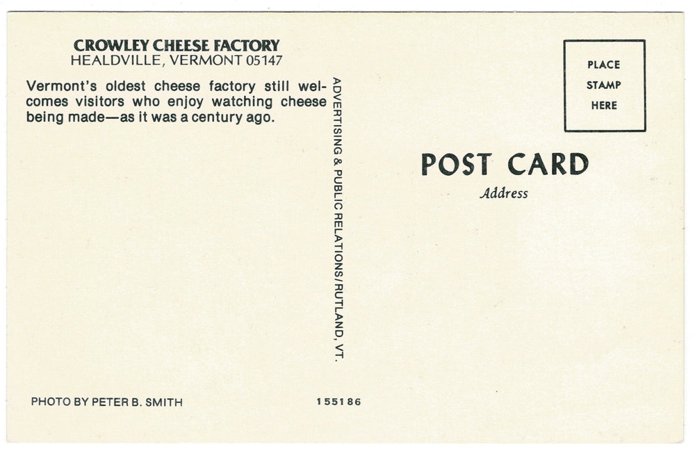 Crowley Cheese Factory in Healdville Vermont Vintage Postcard, back.
