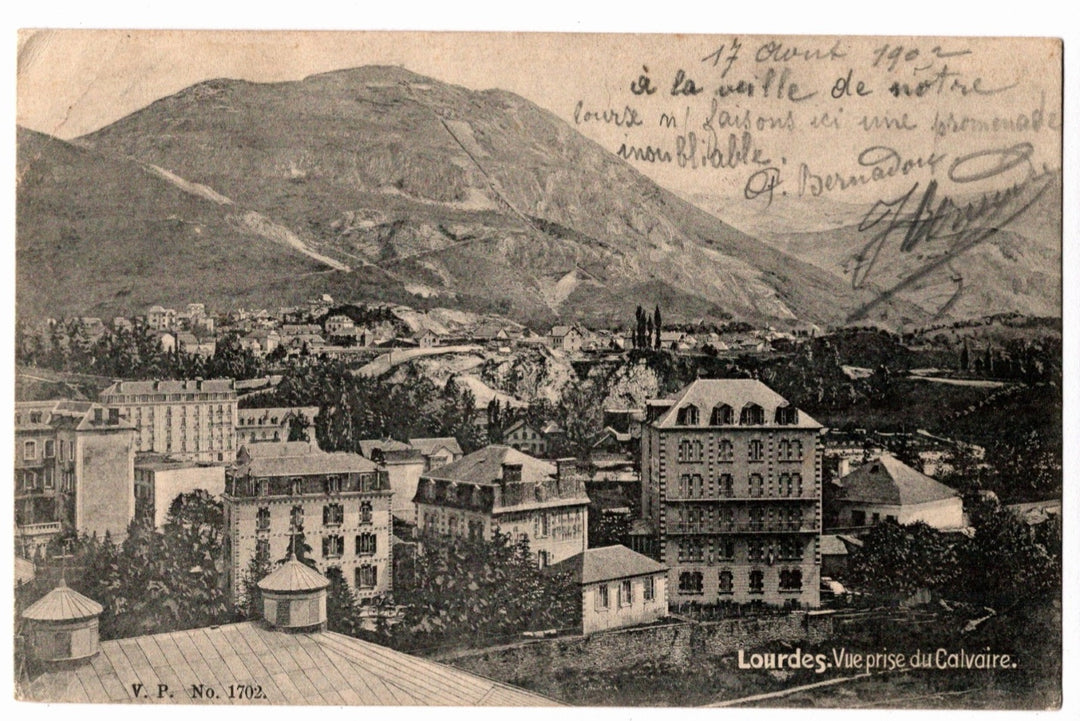 Vintage postcard of Lourdes with mountains in the background. 1902 Lourdes France View from the Calvary Vintage Postcard.