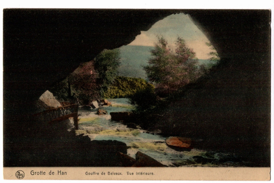 View from inside a cave onto a scenic landscape with trees and water. 1905 Caves of Han Belvaux Belgium Vintage Postcard.