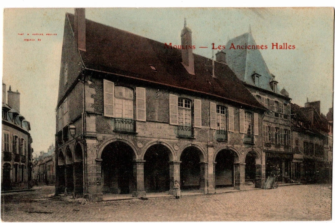 1904 Moulins Old Market Halls Allier France Vintage Postcard. Vintage postcard of a historic building with arched entrance in a town square.