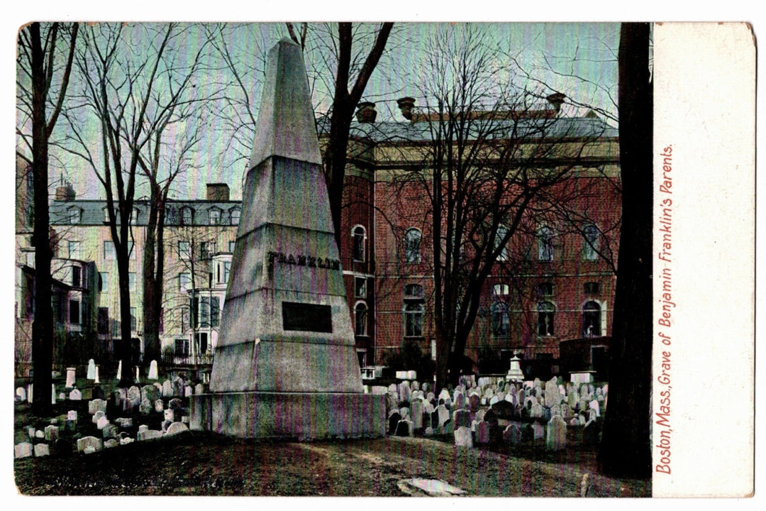 Obelisk monument in a cemetery with buildings in the background, 1907 Grave of Benjamin Franklin's Parents Boston Massachusetts Vintage Postcard.