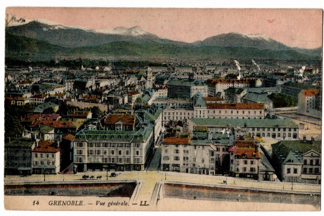 Vintage panoramic view of Grenoble with mountains in the background. 1904 Grenoble General View The Alps France Vintage Postcard.