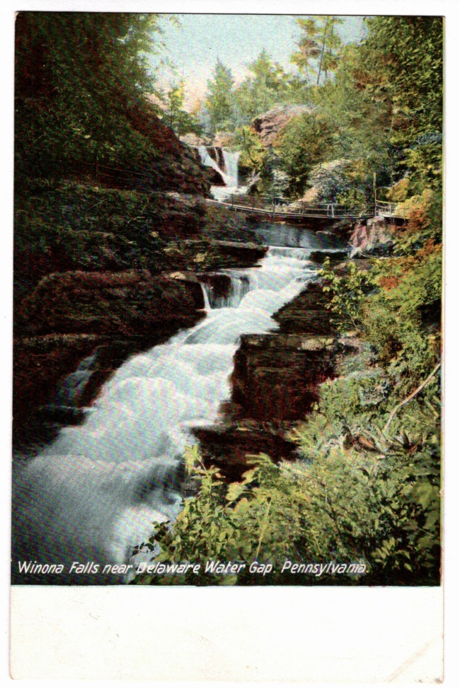 Vintage postcard of a waterfall in a forest with text 'Winona Falls near Delaware Water Gap, Pennsylvania'. 1907 Poconos Delaware Water Gap Winona Falls Pennsylvania Vintage Postcard.