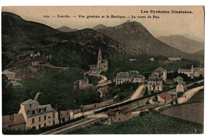 Vintage postcard of Lourdes with mountains and basilica, labeled 'Les Pyrénées Illustrées'.
