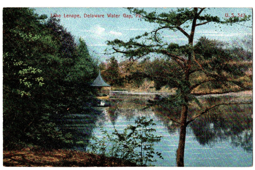 Vintage postcard of a lake scene with trees and a small building, labeled 'Lake Lenape, Delaware Water Gap, PA'. 1907 Lake Lenape Delaware Water Gap Pennsylvania Vintage Postcard.