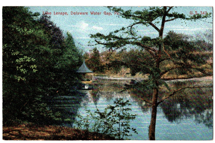Vintage postcard of a lake scene with trees and a small building, labeled 'Lake Lenape, Delaware Water Gap, PA'. 1907 Lake Lenape Delaware Water Gap Pennsylvania Vintage Postcard.