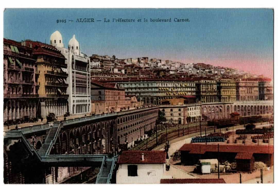 Vintage postcard of Algèr with architectural buildings and a cityscape. 1910s Algiers Prefecture and Boulevard Carnot Algeria Vintage Postcard.