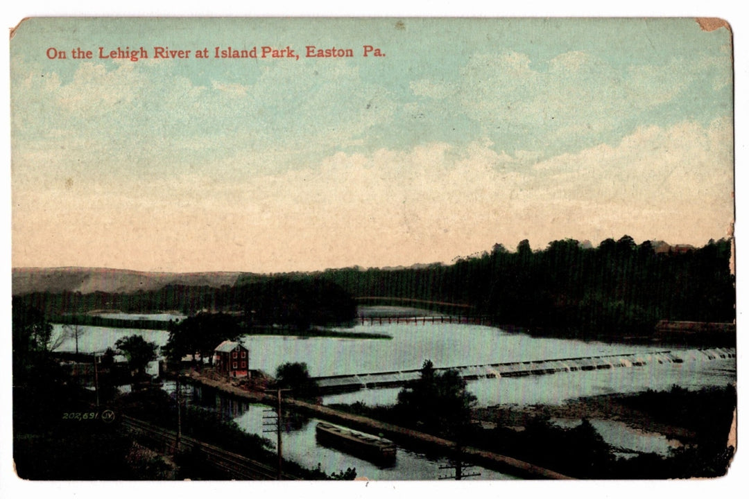 Vintage postcard of a river scene with trees and buildings, labeled 'On the Lehigh River at Island Park, Easton, Pa.' 1907 Lehigh River Island Park Easton Pennsylvania Vintage Postcard