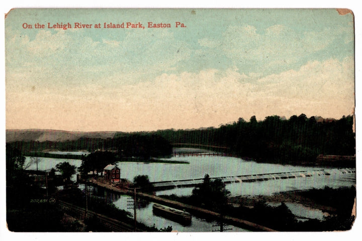 Vintage postcard of a river scene with trees and buildings, labeled 'On the Lehigh River at Island Park, Easton, Pa.' 1907 Lehigh River Island Park Easton Pennsylvania Vintage Postcard