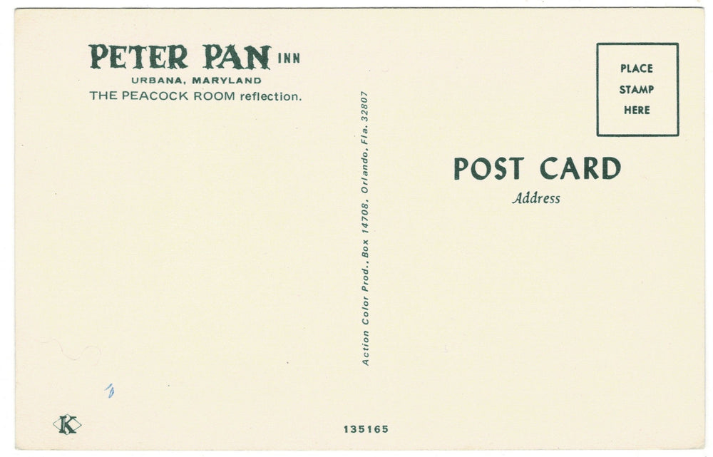 Peter Pan Inn Peacock Room Urbana Maryland Vintage Postcard, back.