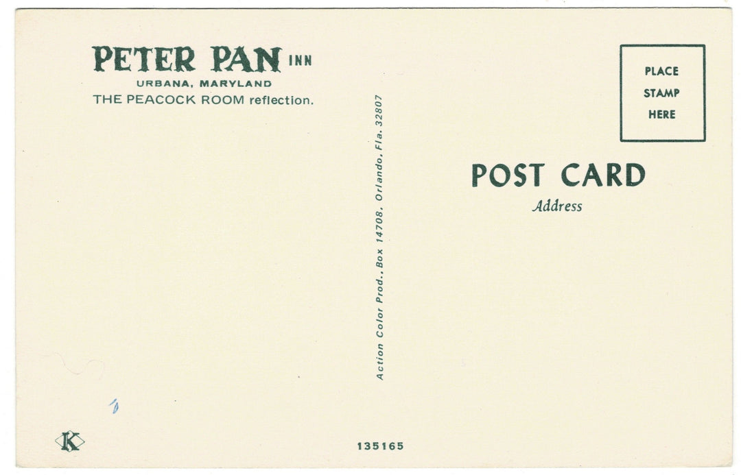 Peter Pan Inn Peacock Room Urbana Maryland Vintage Postcard, back.