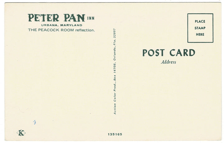 Peter Pan Inn Peacock Room Urbana Maryland Vintage Postcard, back.