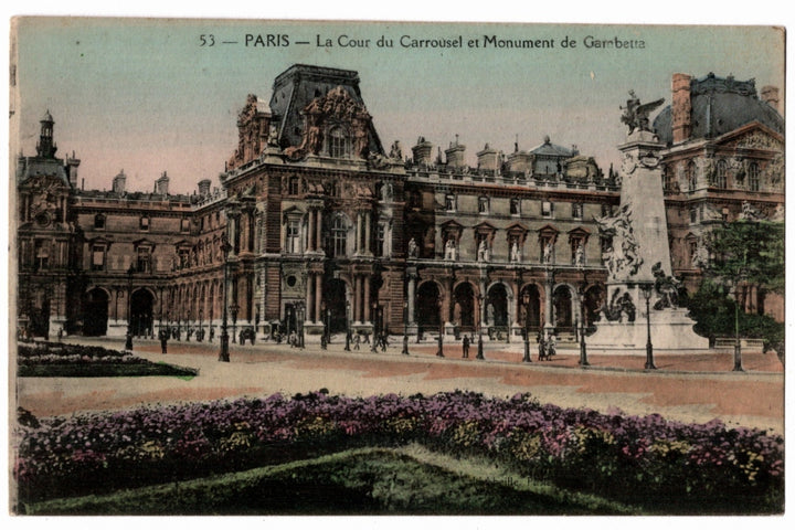1914 Paris Cour du Carrousel and Gambetta Monument Vintage Postcard.