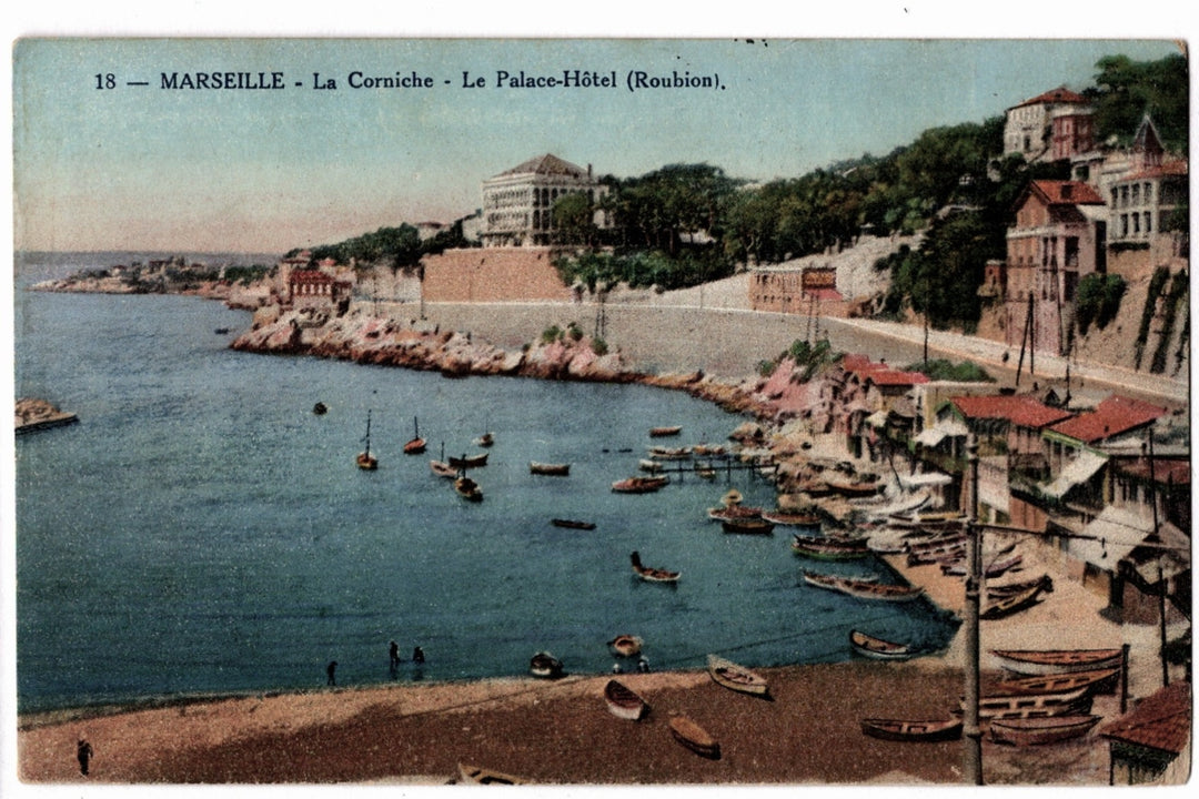 Vintage postcard of Marseille with a view of the Corniche and Palace-Hotel. 1914 Marseille La Corniche and Palace-Hotel Roubion Vintage Postcard.