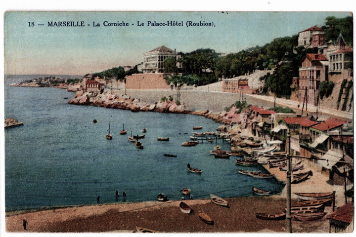 Vintage postcard of Marseille with a view of the Corniche and Palace-Hotel. 1914 Marseille La Corniche and Palace-Hotel Roubion Vintage Postcard.