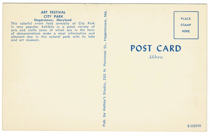 1960s Hagerstown Maryland City Park Art Festival Vintage Postcard, back.