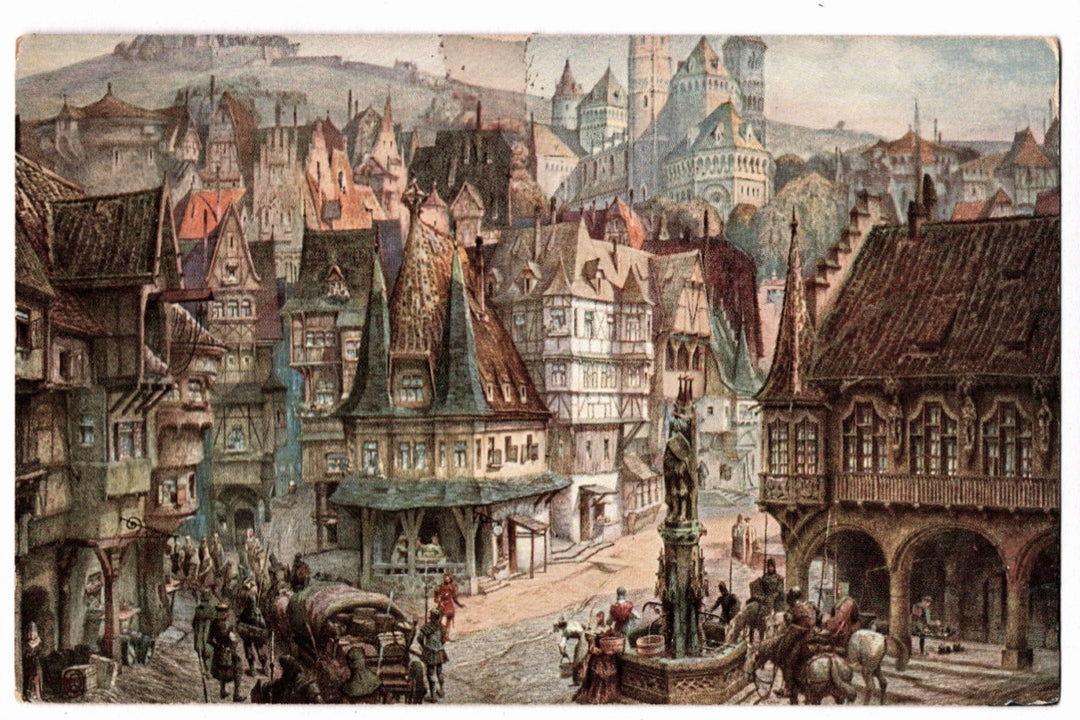 1907 Medieval Nuremberg Market Square Germany Vintage Art Postcard.