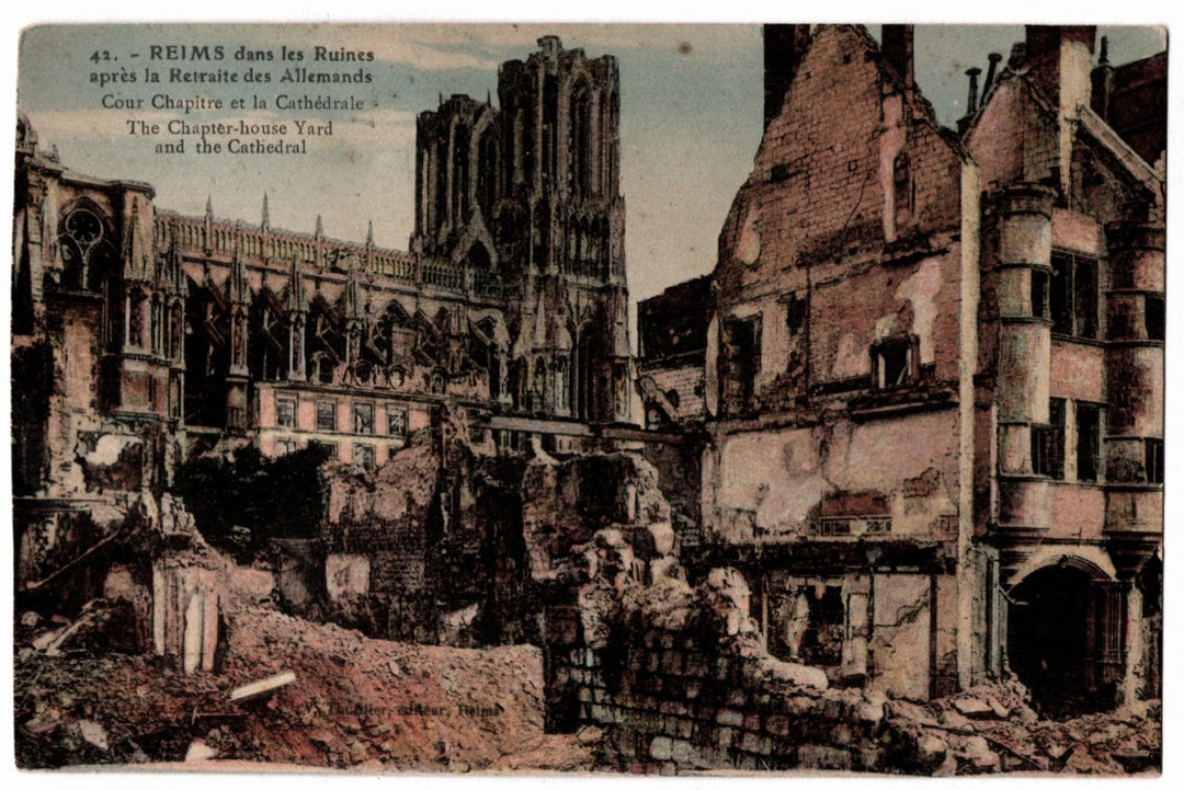 Postcard of Reims after World War I showing ruined cathedral and surrounding area. 1918 Reims WWi Ruins France Vintage Postcard