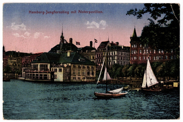 Vintage postcard of Hamburg with sailboats on the water and buildings in the background. 1905 Hamburg Jungfernstieg, Alster Pavilion Germany Vintage Postcard.