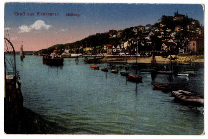 Vintage postcard of a harbor scene with boats and a hillside village. 1905 Elbe River Blankenese Germany Vintage Postcard.