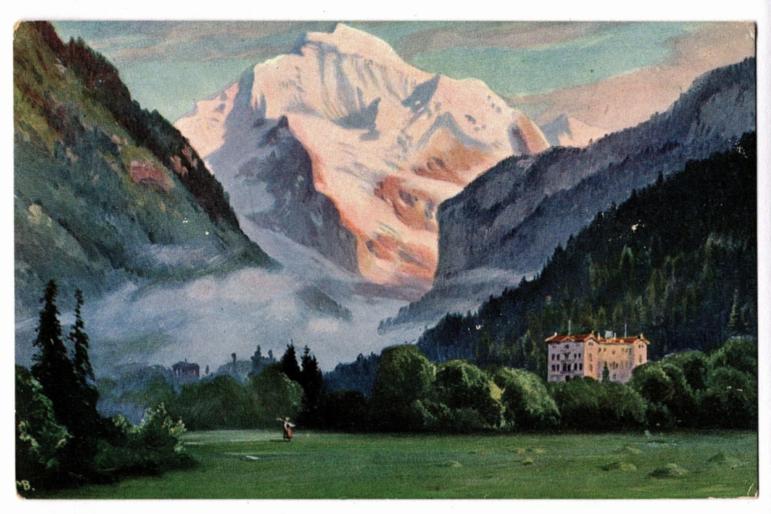 Interlaken Hotel Jungfraublick mit Jungfrau Switzerland Vintage Postcard.