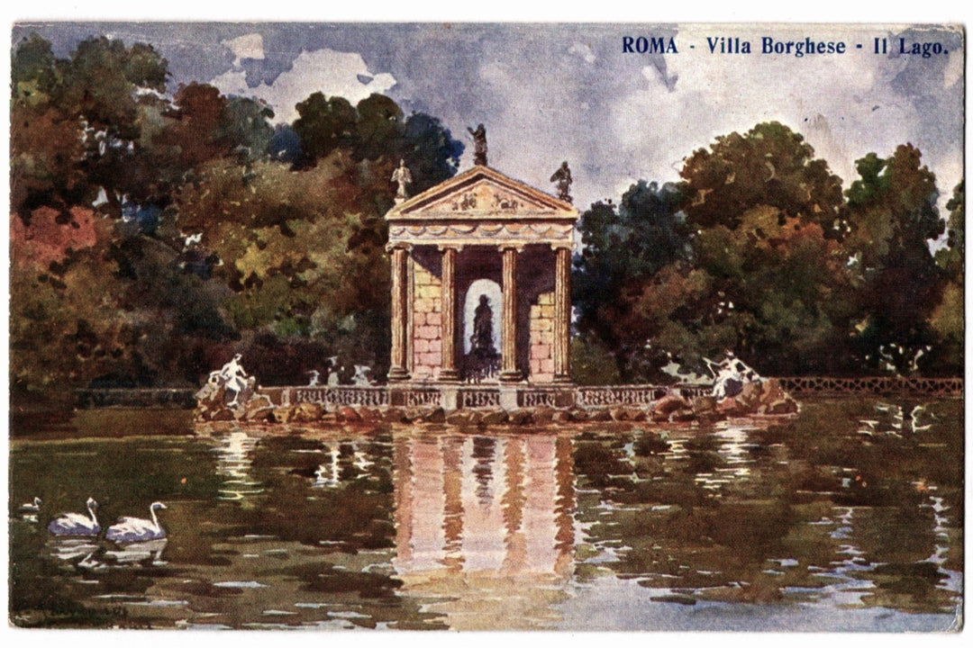 Borghese Lake, Temple of Aesculapius Rome Italy Vintage Postcard.