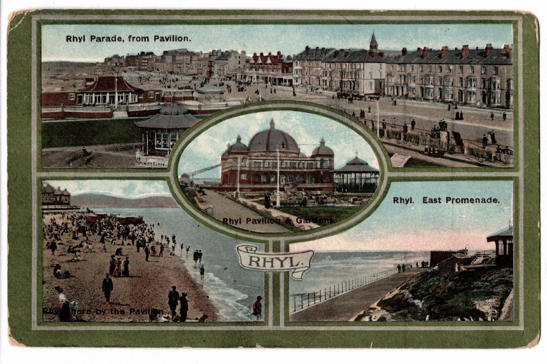 Multiview postcard of Rhyll Parade and East Promenade with a central oval inset showing Pavilion Gardens.