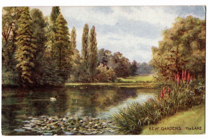 Lakeside scene with trees and a lake, featuring the text 'Kew Gardens The Lake vintage postcard.