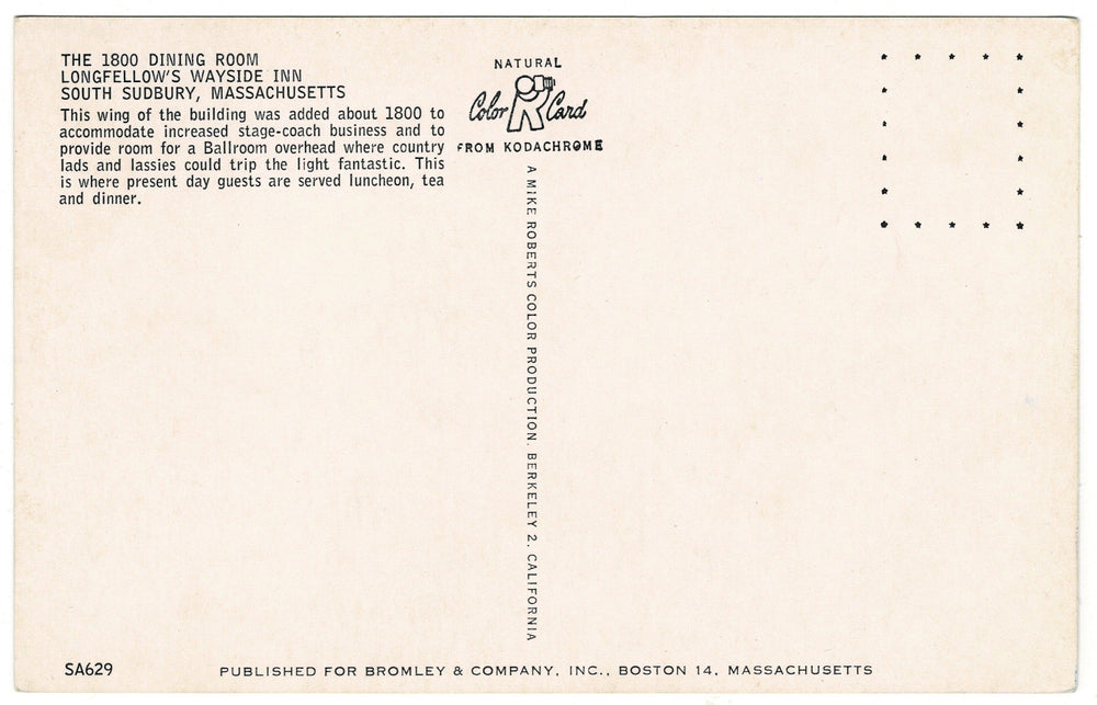 1960s Longfellow's Wayside Inn S. Sudbury Massachusetts Vintage Postcard, back.