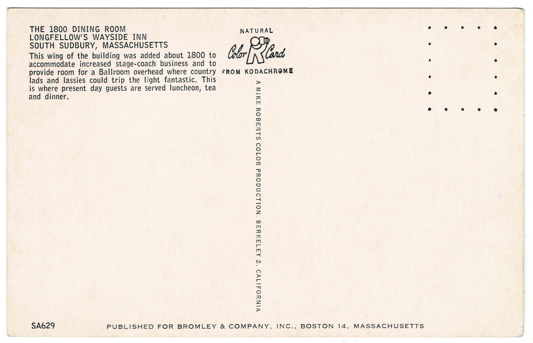 1960s Longfellow's Wayside Inn S. Sudbury Massachusetts Vintage Postcard, back.