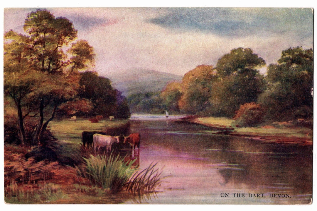 Landscape with cows by a lake, trees, and mountains in the background. 1902 River Dart Devon England Vintage Art Postcard