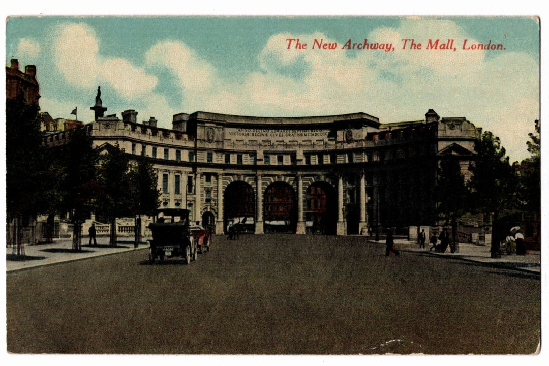 Vintage postcard of The New Archway, The Mall, London with classical architecture and vehicles.