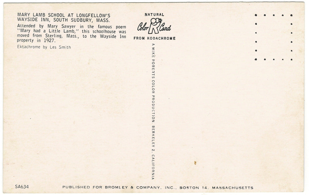 1960s Mary Lamb School South Sudbury Massachusetts Vintage Postcard, back.