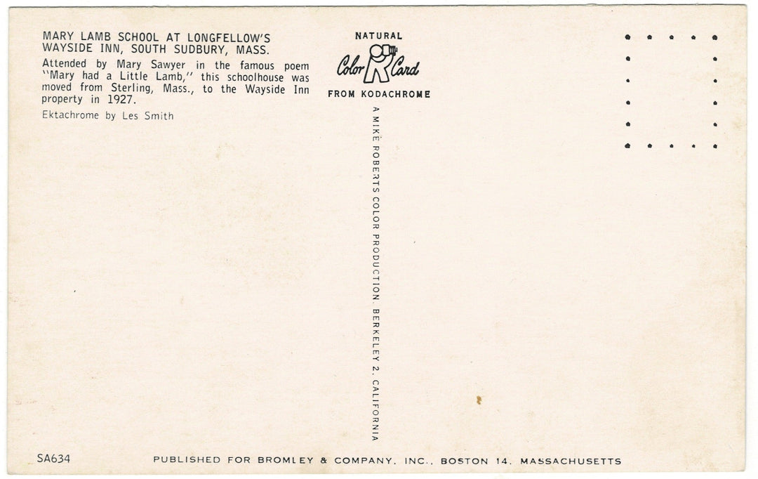 1960s Mary Lamb School South Sudbury Massachusetts Vintage Postcard, back.