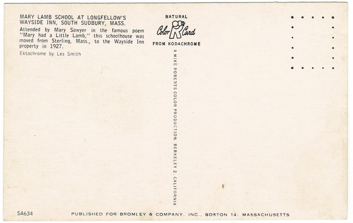 1960s Mary Lamb School South Sudbury Massachusetts Vintage Postcard, back.