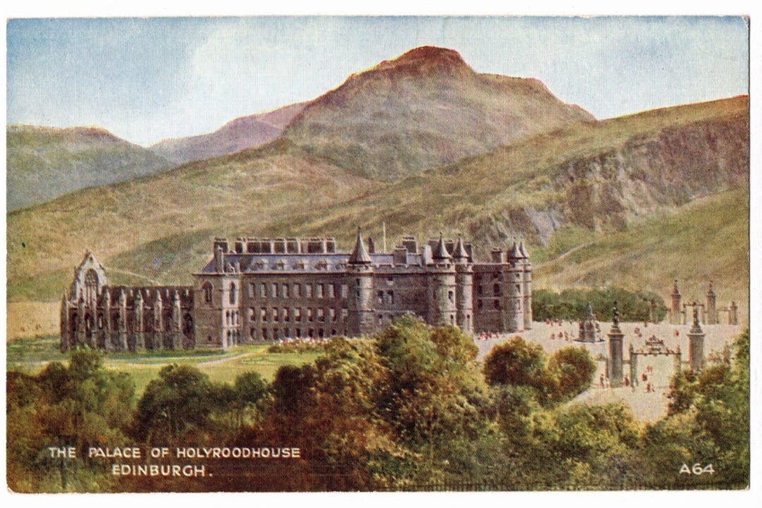 Vintage postcard of Palace of Holyroodhouse in Edinburgh with mountains in the background Lakeside scene with trees and a lake, featuring the text 'Kew Gardens The Lake vintage postcard.