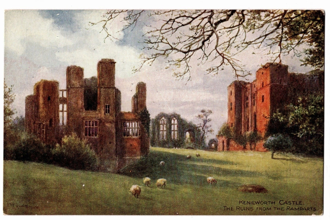 Ruins of Kenilworth Castle with sheep in a field, vintage postcard.