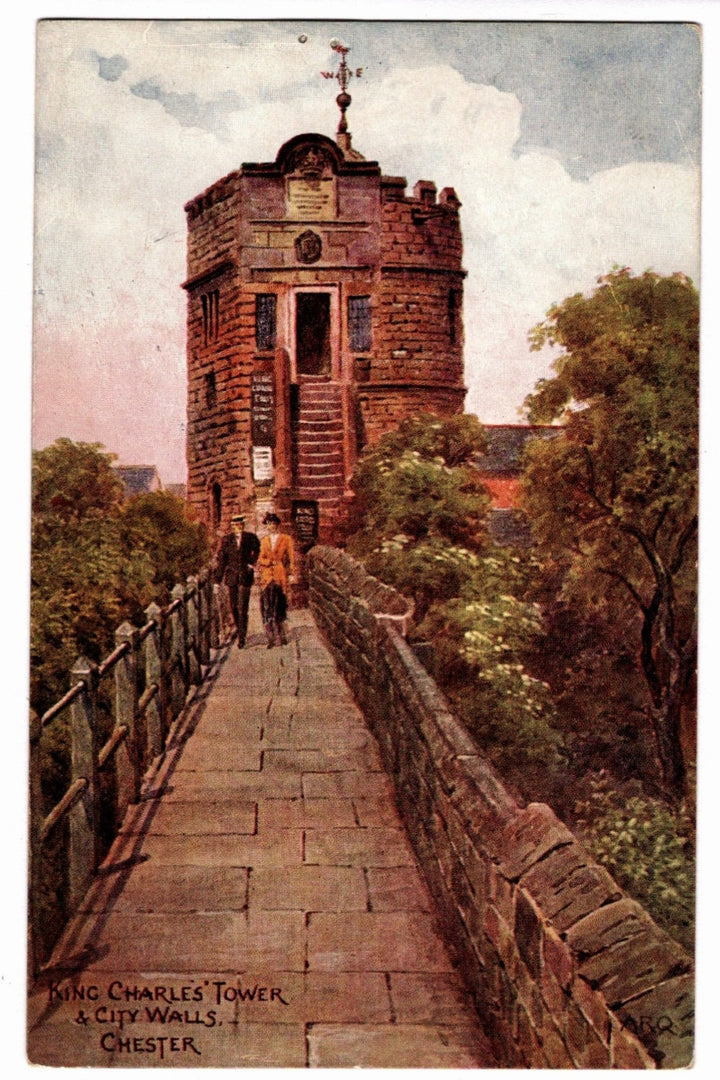 Painted postcard of King Charles Tower and City Walls in Chester, featuring a stone pathway and people walking.