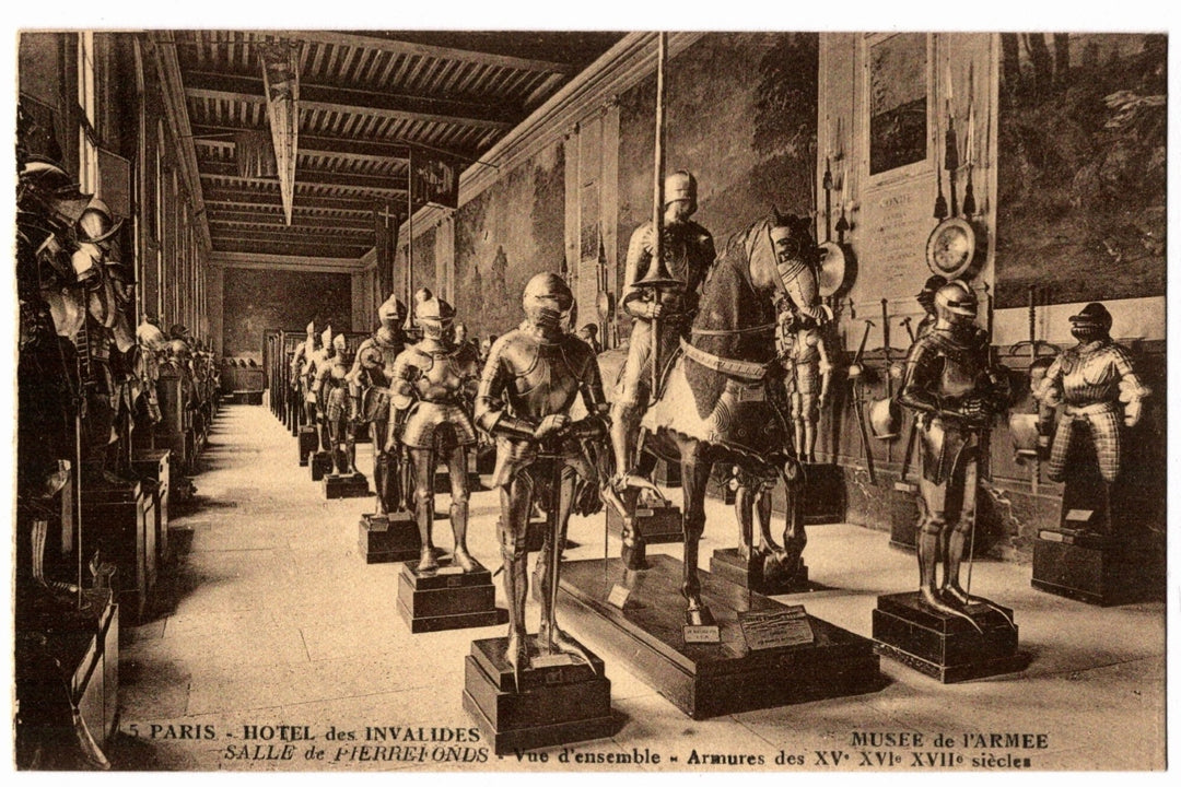 Vintage postcard of a room with armor on display at the Musée de l'Armée, Invalides, Paris.