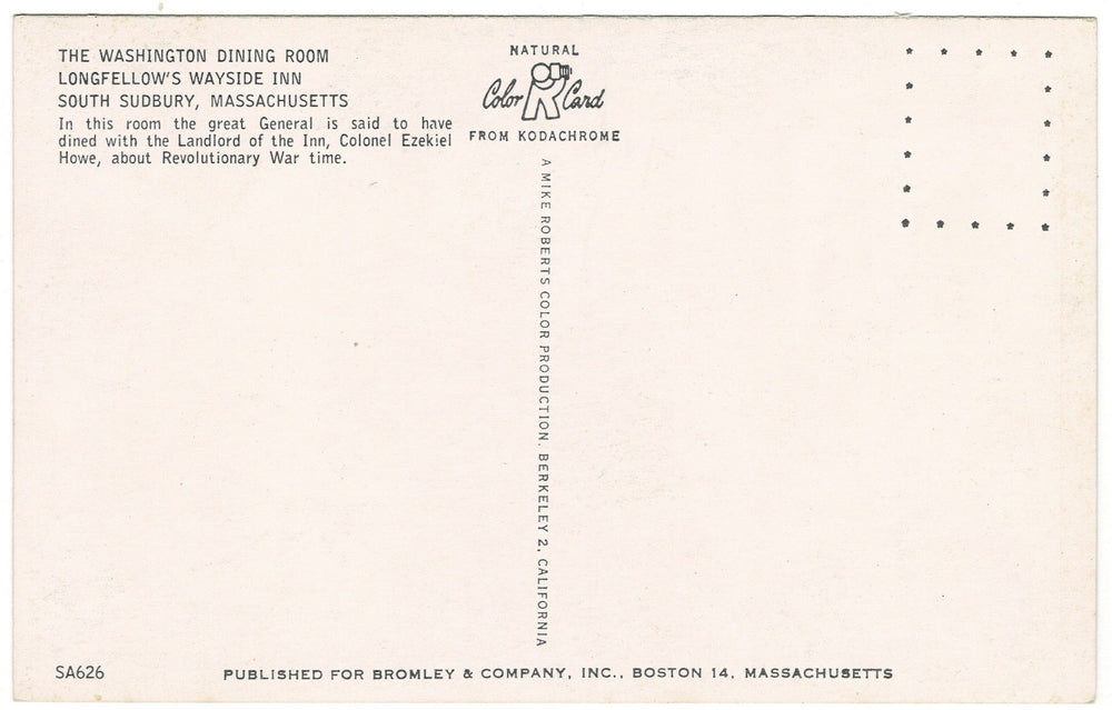 1960s Washington Dining Room Longfellow Inn MA Vintage Postcard back.