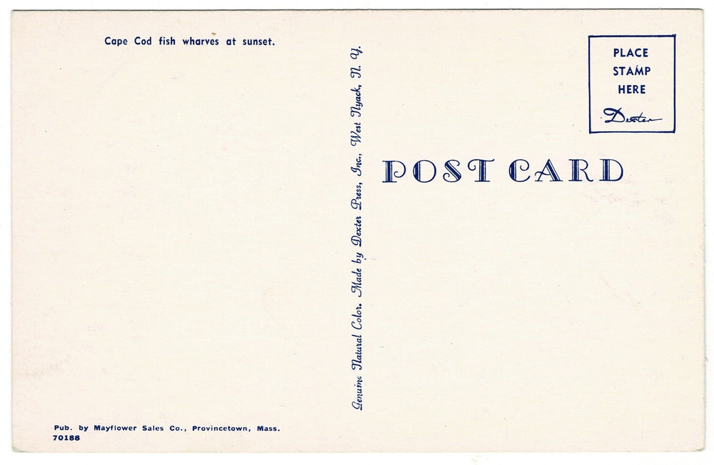 1950s Cape Cod Wharfs at Sunset Massachusetts Vintage Postcard, back.