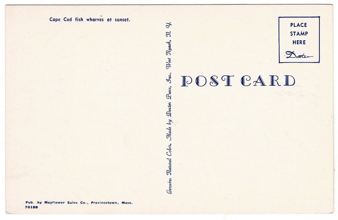 1950s Cape Cod Wharfs at Sunset Massachusetts Vintage Postcard, back.