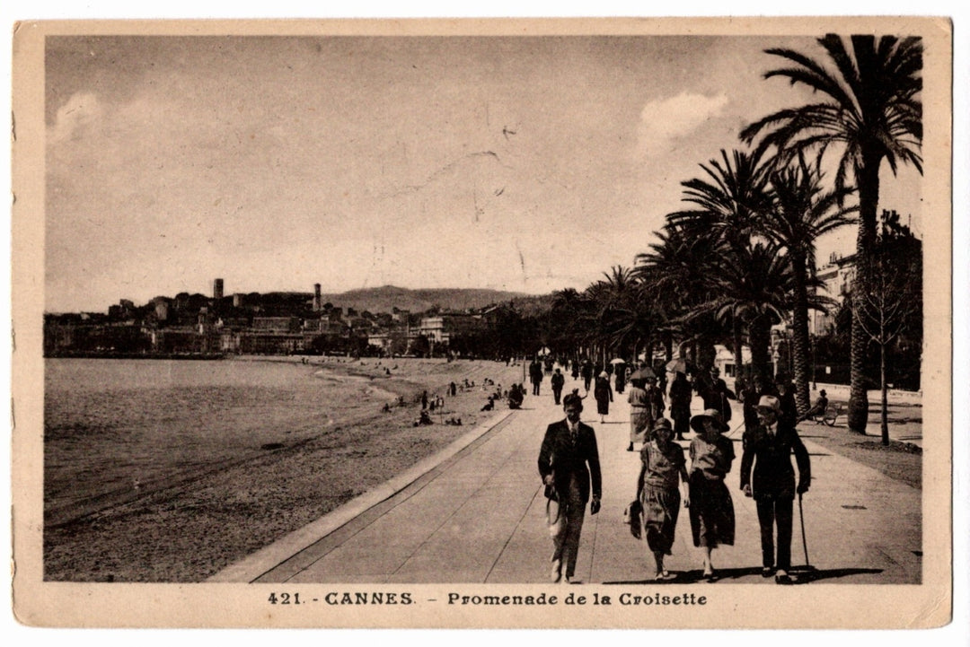 1920s Promenade de la Croisette Cannes France Vintage Postcard.