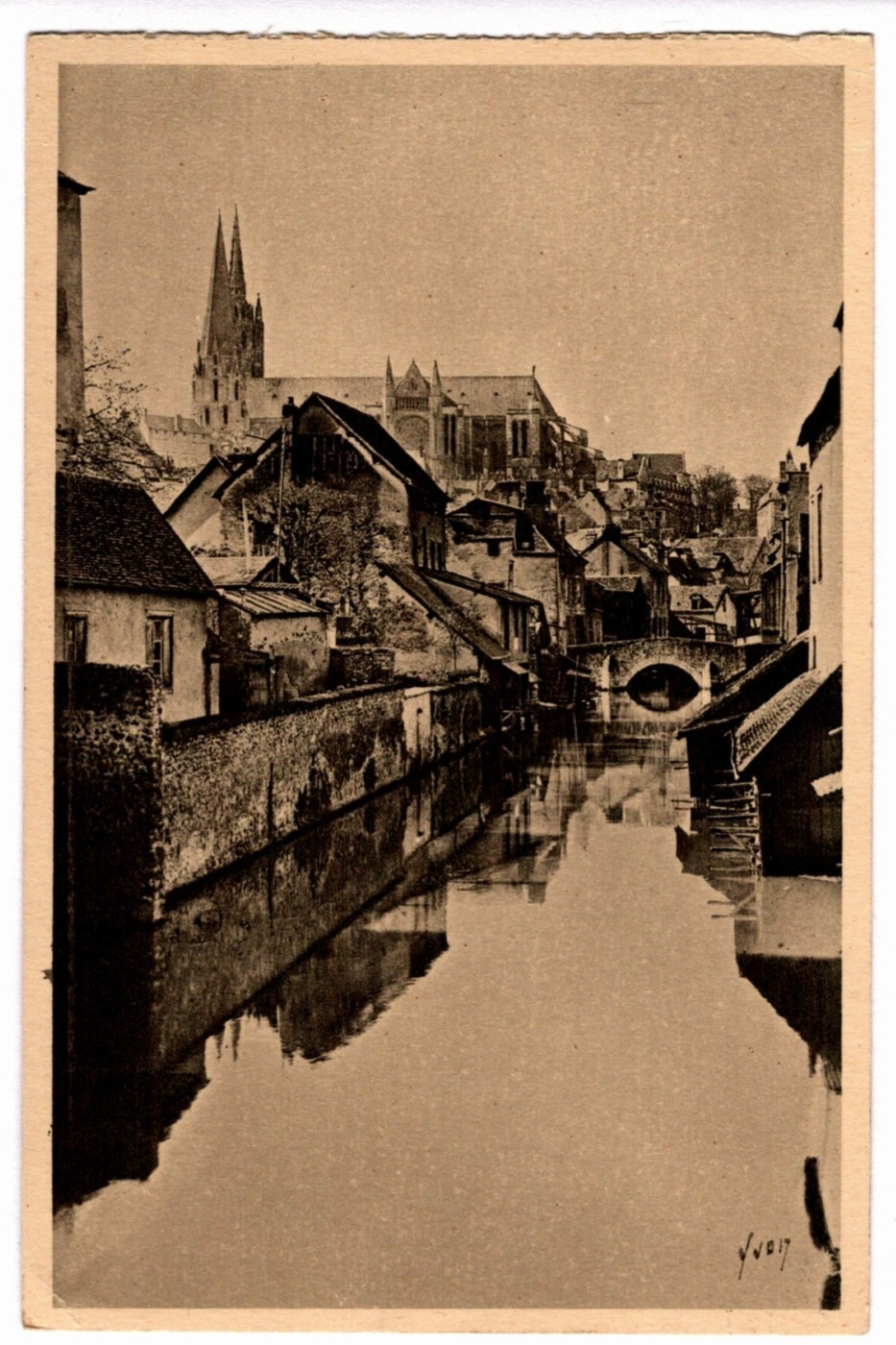 1920s Eure River and Chartres Cathedral France Vintage Postcard.